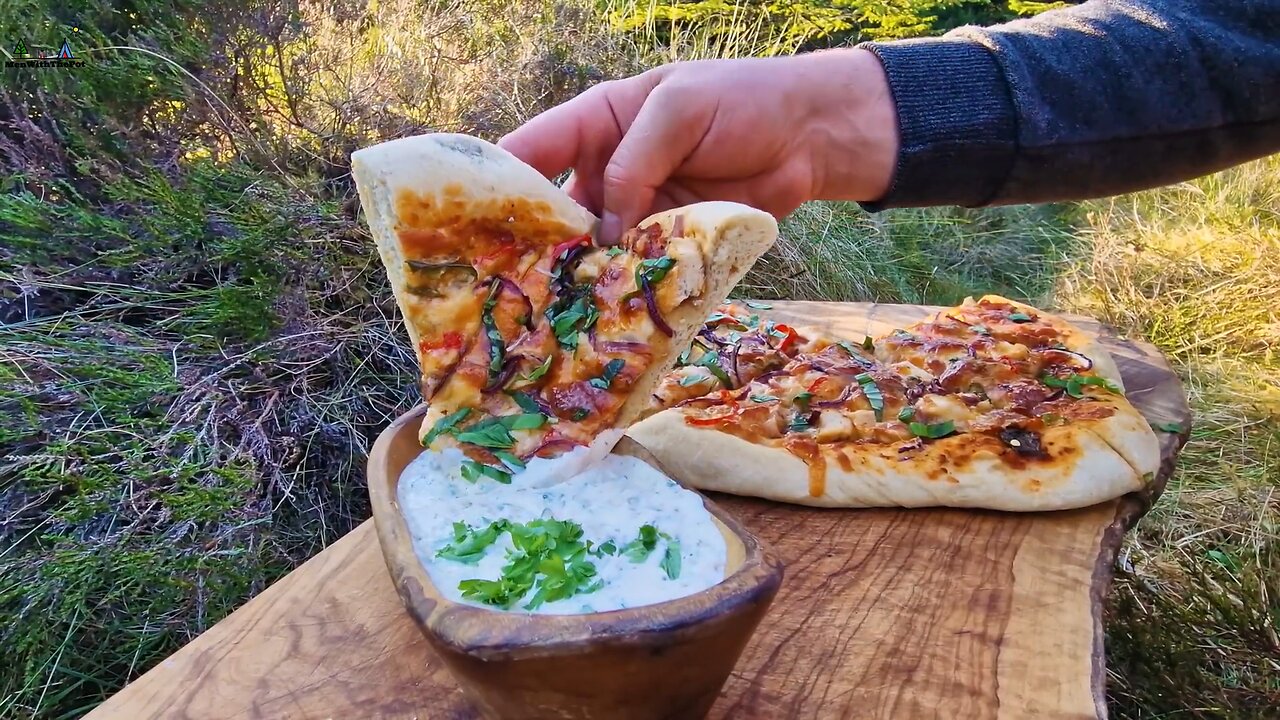 Pizza Recipe with Chicken Bacon and Chilli outdoor cooking on open Fire ASMR Cooking