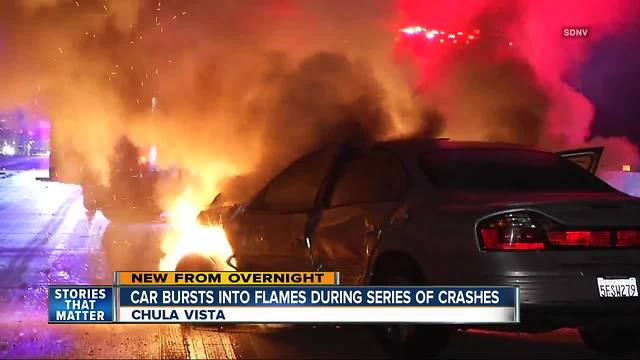 Car bursts into flames during series of crashes on I-805 in Chula Vista
