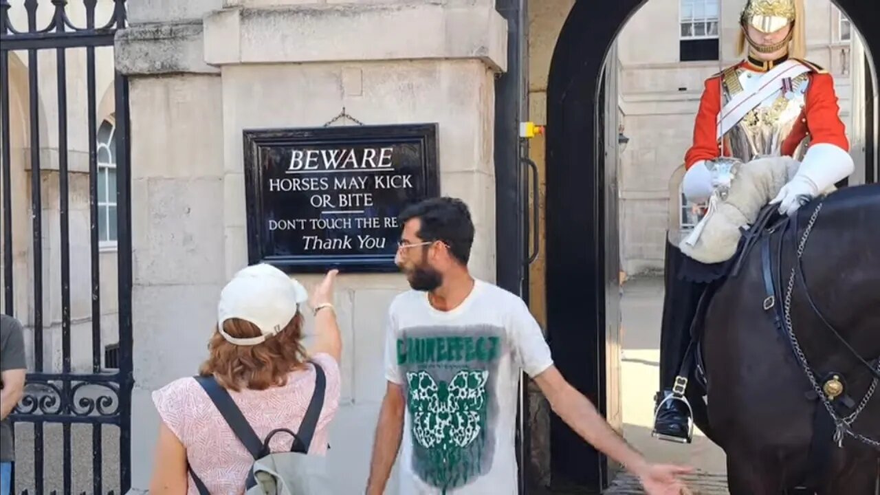 Tourist grabs the rein other tourist points out the sign. horse chews on every one #thekingsguard