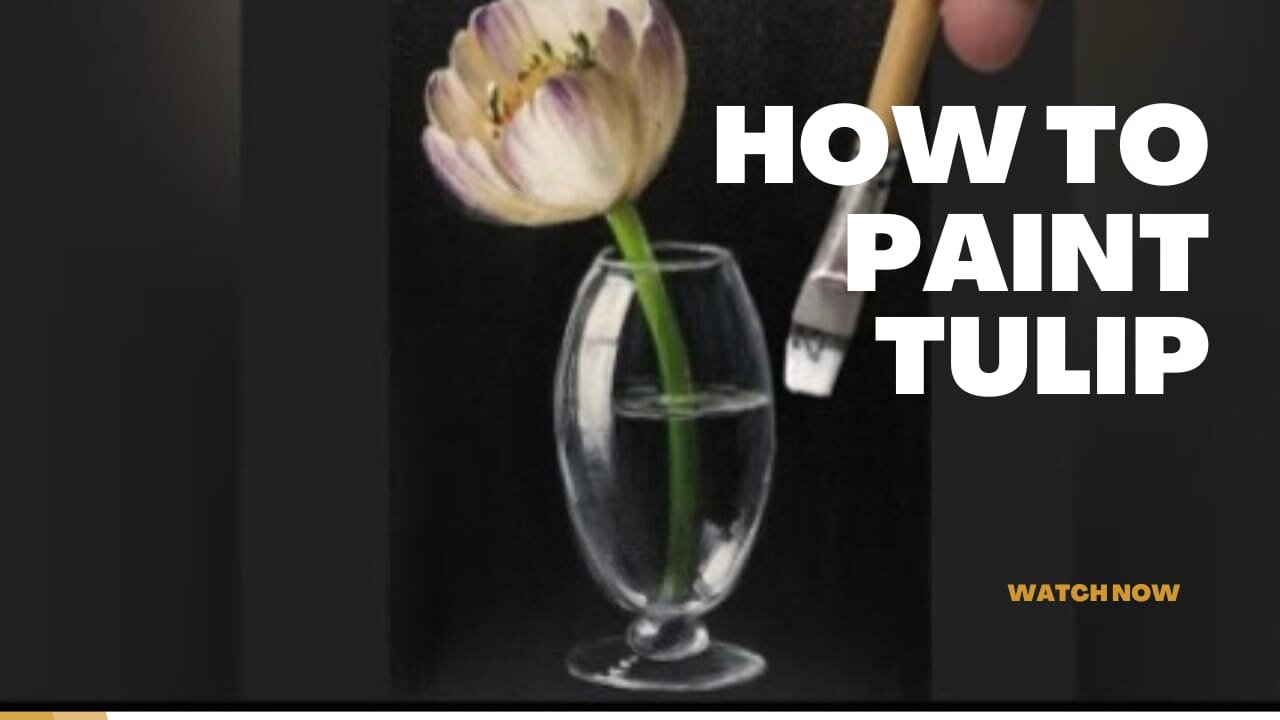 TRANSPARENT VASE WITH TULIP FLOWER ON BLACK BACKGROUND / ACRYLIC PAINTING STEP BY STEP