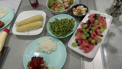 What we ate today: Bacon Wrapped Meatloaf, salad corn on the cob, pickles, and fruit Salad.