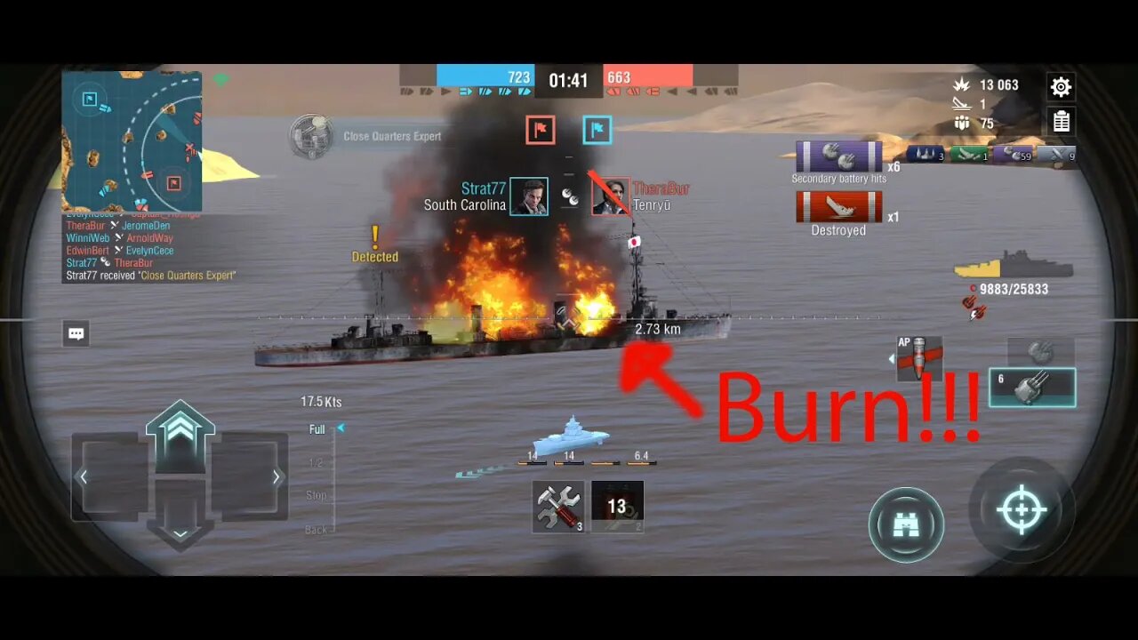 Burning with BB South Carolina - World of Warships Blitz - Played on Mobile Phone