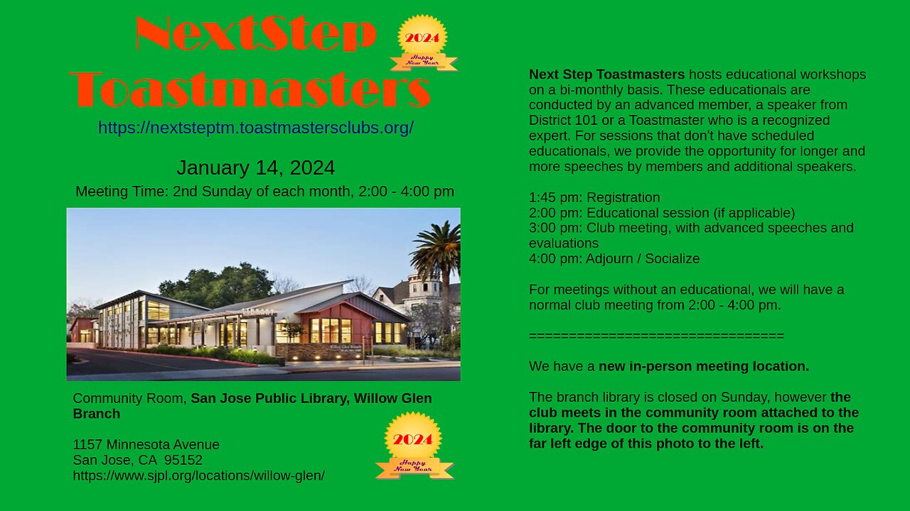 Next Step Toastmasters Jan 14 2024 Meeting Announcement