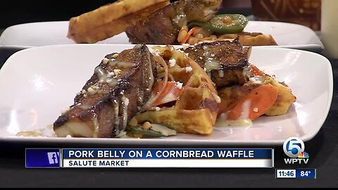 Salute Market cooks pork belly on cornbread waffle