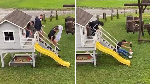 Eight Grown Men Incredibly Spill Out Of Tiny Treehouse