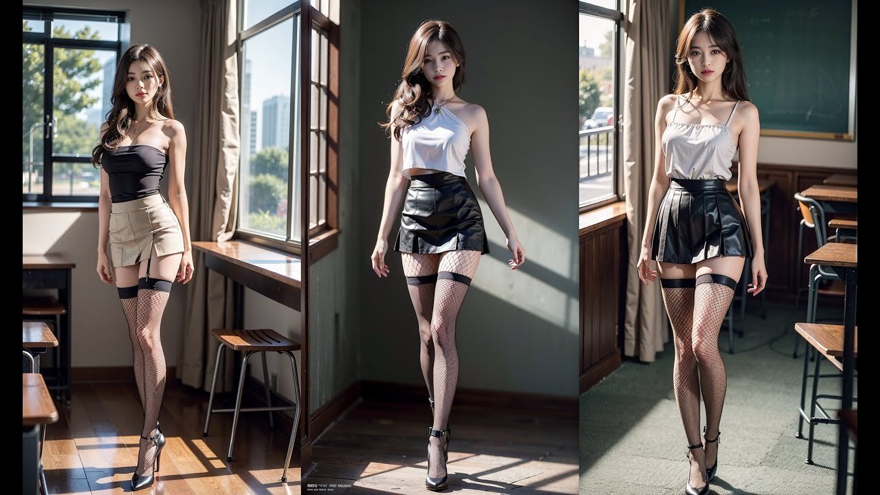 [4K] Fishnet Legwear Classroom Lookbook | AI Girls #aiart #lookbook #beauty