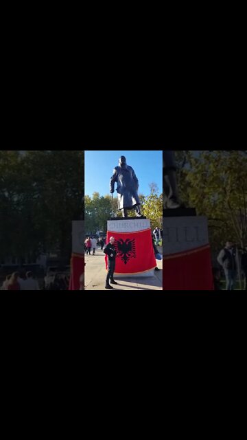 Albanians cover Churchill in a Albanian flag #london