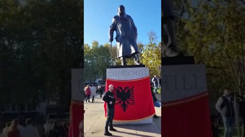 Albanians cover Churchill in a Albanian flag #london