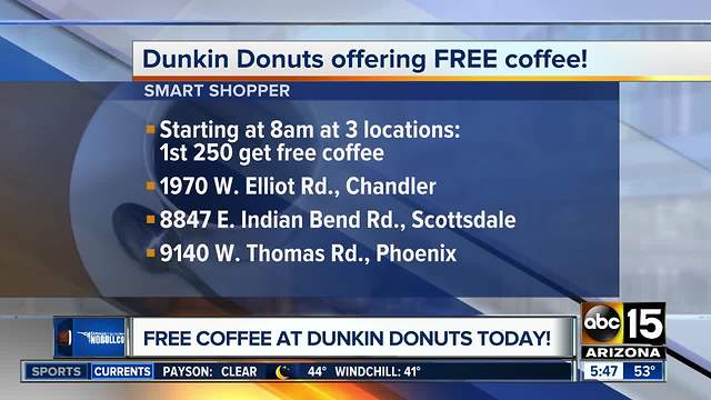 Three Valley Dunkin' Donuts stores offering free coffee to first 250 guests