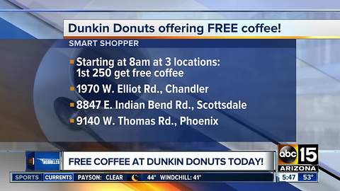 Three Valley Dunkin' Donuts stores offering free coffee to first 250 guests