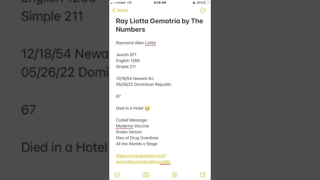 Murder by The Numbers Raymond Allen Liotta Dead at 67 Another Actor found in a Hotel Room Gematria