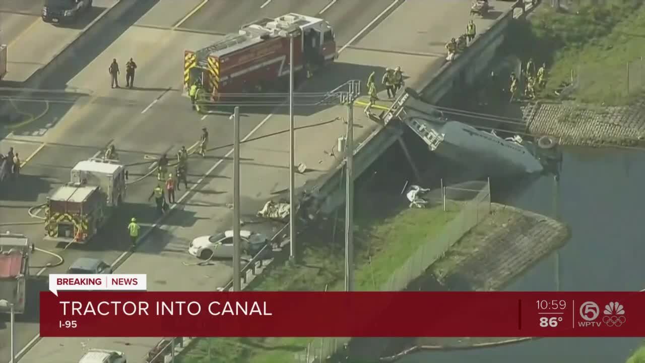 Fatal semi-truck crash into canal closing lanes on Florida's Turnpike in west Boynton Beach