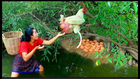 Women find fish for food meet big White Chicken with egg at river - cooking soup for dog eating HD