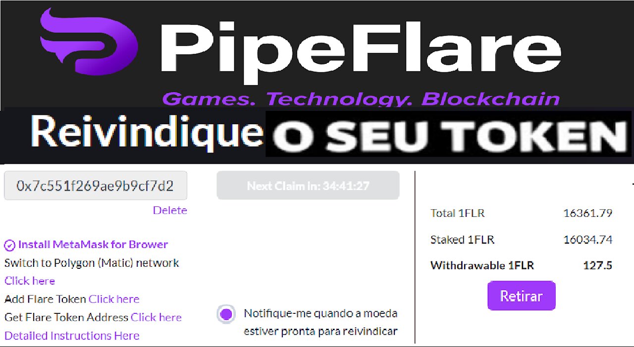 【PipeFlare 1FLR】Como fazer o saque dos seus tokens 1FLR | Como Incluir na MetaMask | Renda Extra