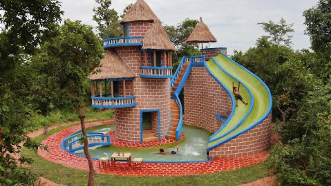 Build Creative Pretty Bricks Villa with Water Slide park and Swimming 🏊‍♂️