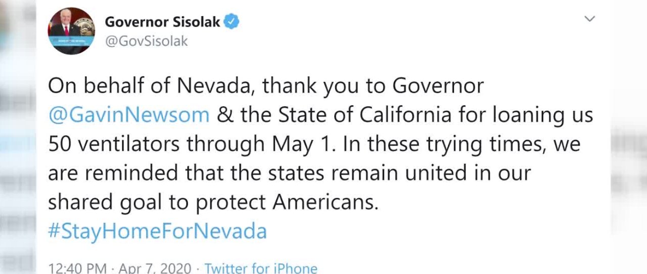 Gov. Sisolak thanks California for ventilators