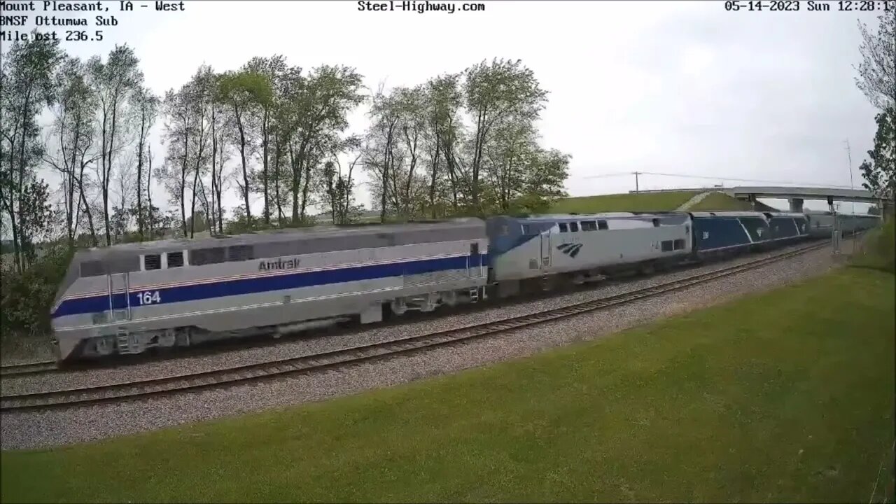 AMTK 164 Leading EB Amtrak 6 California Zephyr in Ottumwa and Mount Pleasant, IA on May 14, 2023