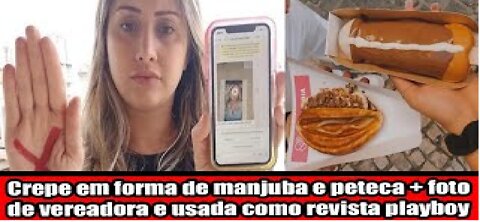 Crepe em forma de manjuba e peteca + foto de vereadora e usada como revista playboy