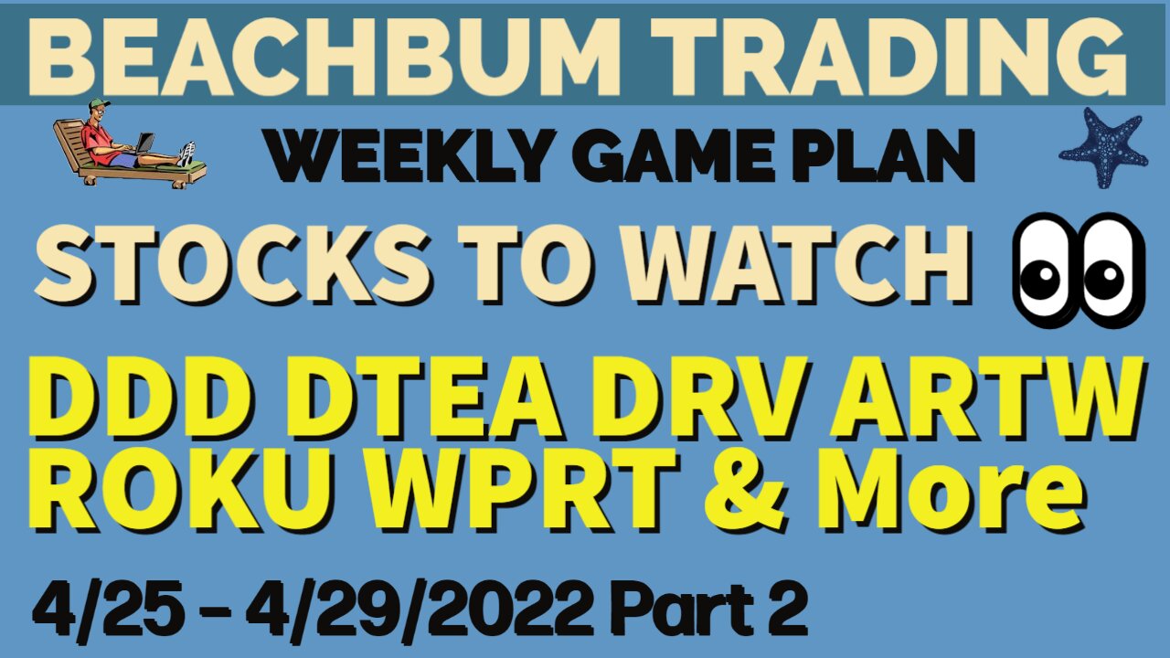 DDD DTEA DRV ARTW ROKU WPRT MJ PPLT VOO & More �� Trading Watchlists for the Week of 4/25 – 4/29/22