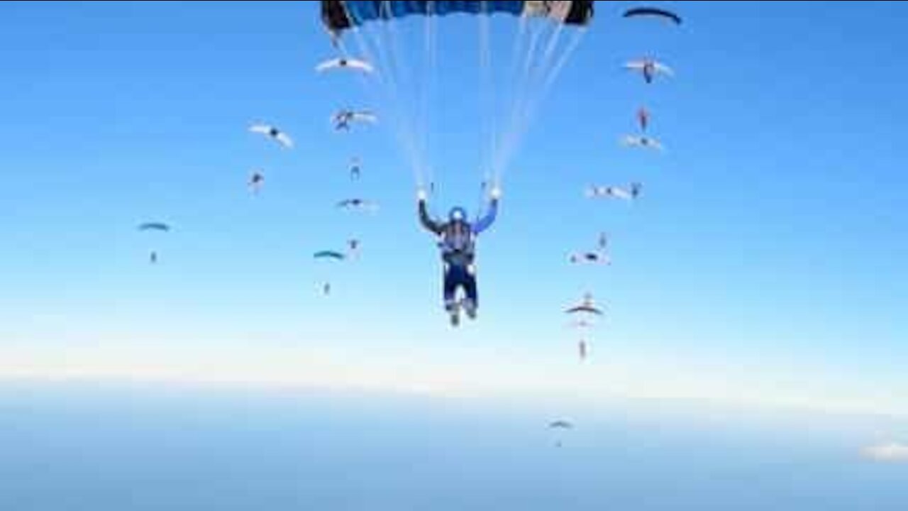 Awesome stunt sees parachutist maneuver between speeding corridor of skydivers