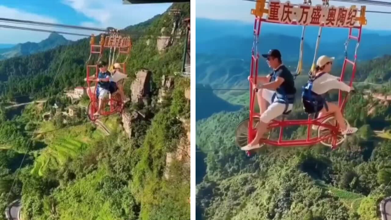 Girl screaming when cycling scariest ropeway