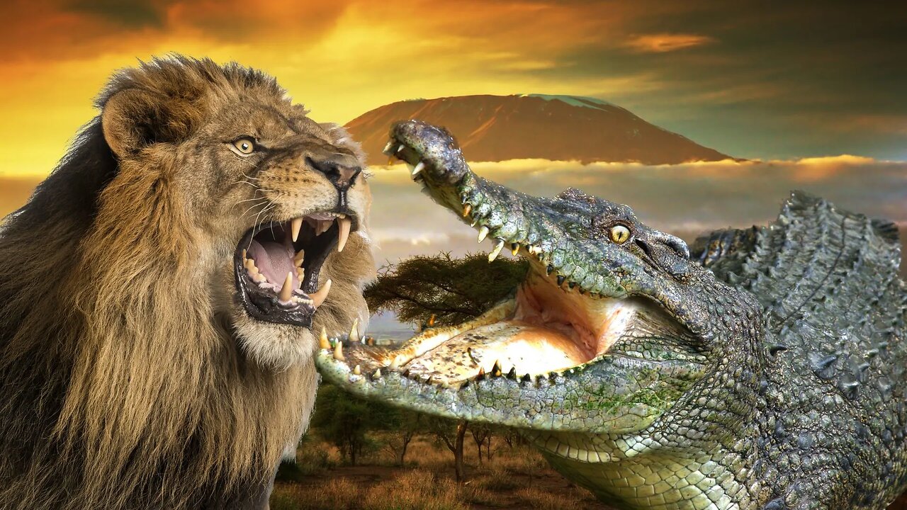 When two furious animals lions and crocodile compete for prey