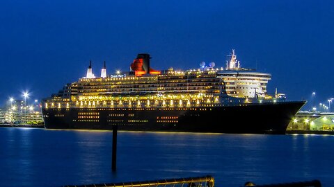Fireworks as Cunard Queen Mary 2 & Queen Victoria departs Southampton on World cruise
