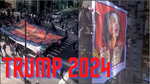 Hundreds Gather In NYC For The TRUMP 2024 Flag Unfurling