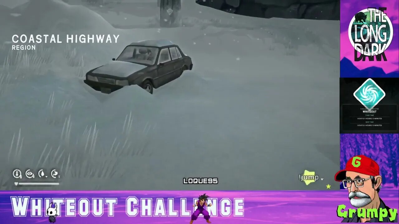 Grumpy is live. The Long Dark. Whiteout Challenge. Trying to beat last time 18D 9H 10m. !list