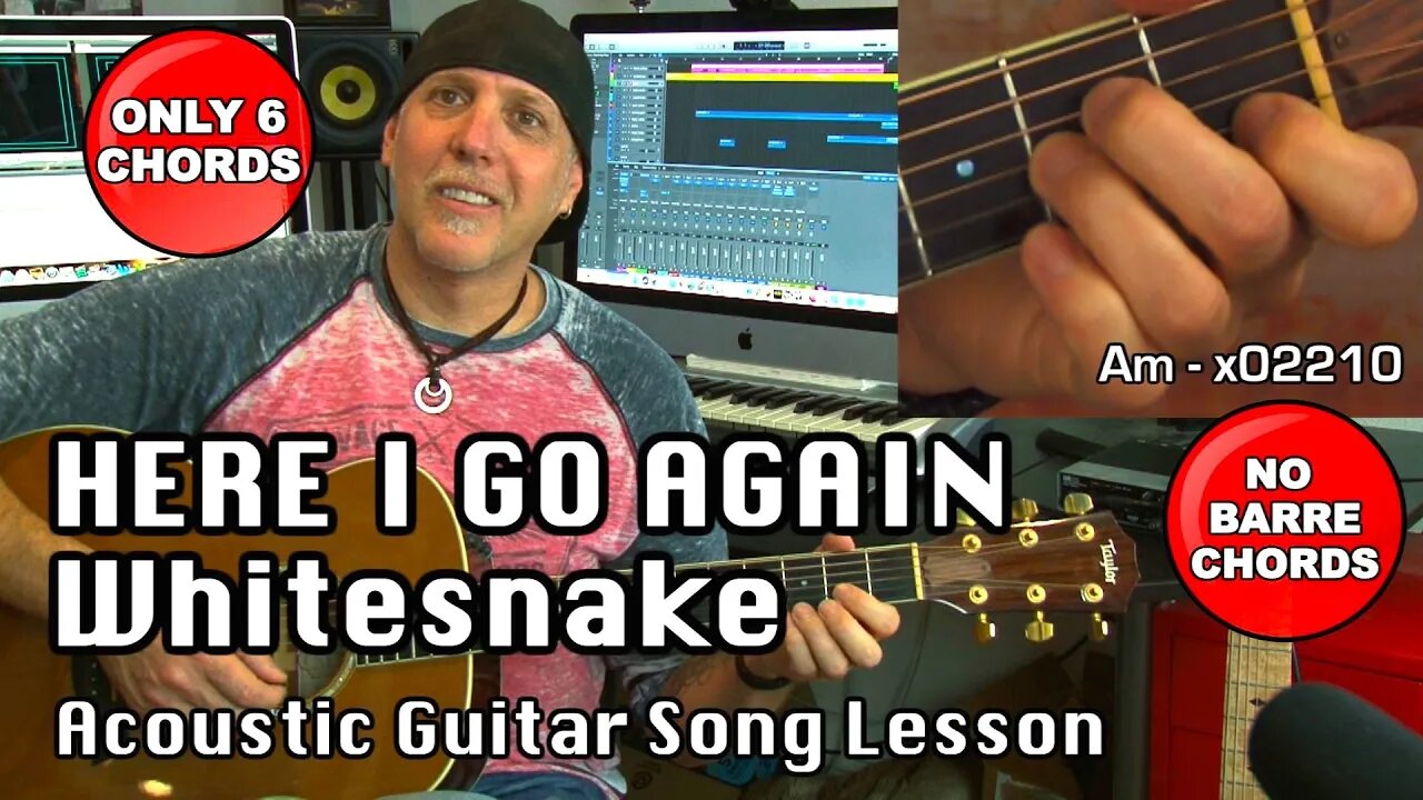 EZ Guitar Song Lesson Here I Go Again by Whitesnake - no BARRE Chords