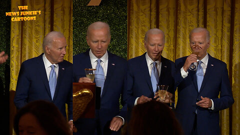 Biden reads his notes at an awkward drinking party: "The allies in the room not only share a common language. Don't share a common language. We do! Not share a common border. But we are neighbors. We're neighbors."