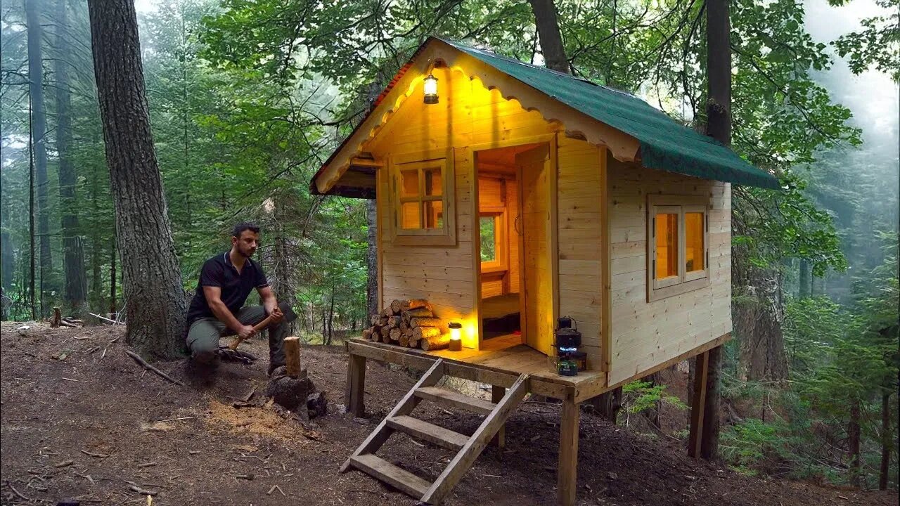 Building a Tiny House in the Forest - Off Grid Cabin - Start to Finish