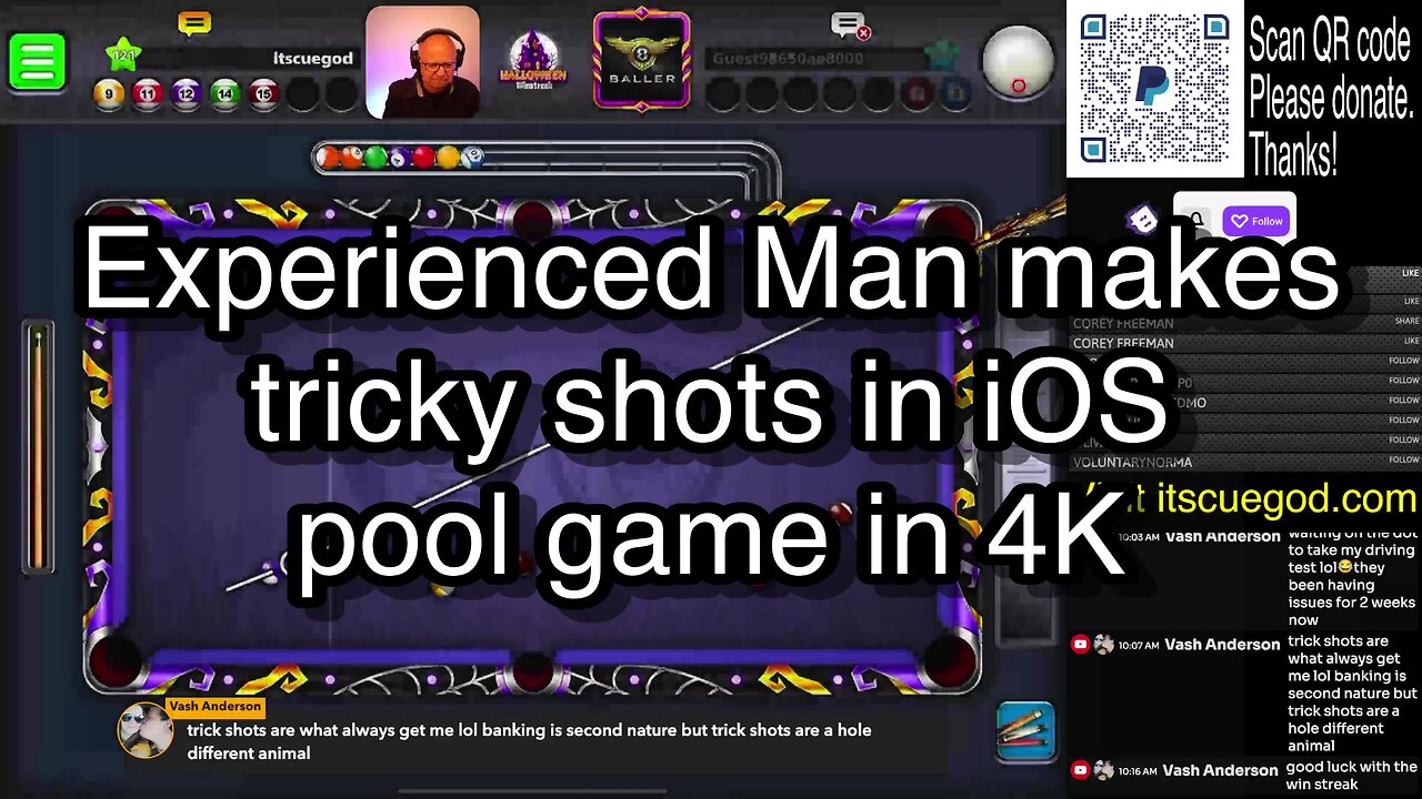 Experienced Man makes tricky shots in iOS pool game in 4K 🎱🎱🎱 8 Ball Pool 🎱🎱🎱[ReRun]