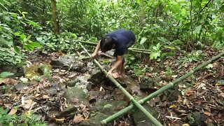 Taking Water From Stream To Bamboo ..Survival Primitive technology 2022 Building technology