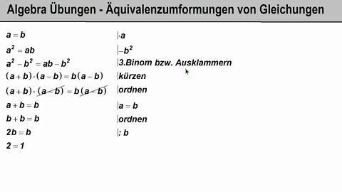 Algebra ► Äquivalenzumformungen von Gleichungen ►Übungen ► Beweis: 2=1