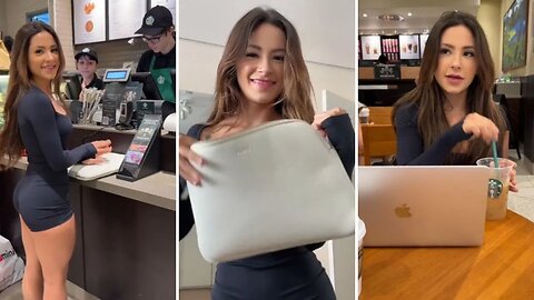 Nathalia Valente com seu Macbook no Starbucks