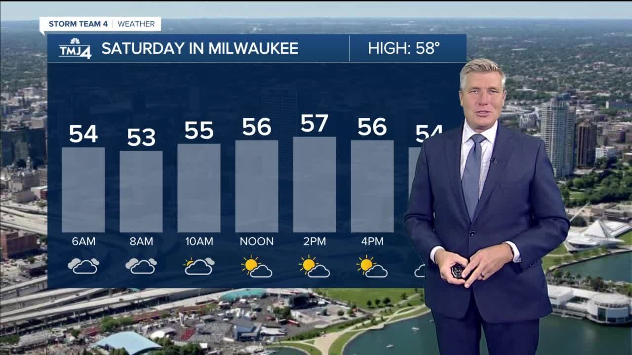 Saturday is cloudy, breezy with temps in the high 50s