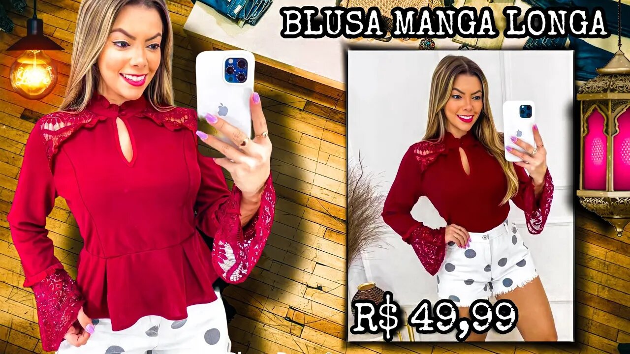 Blusa manga longa com Elastano/ Blusa manga Flare com renda/ Blusa outono/ shopee