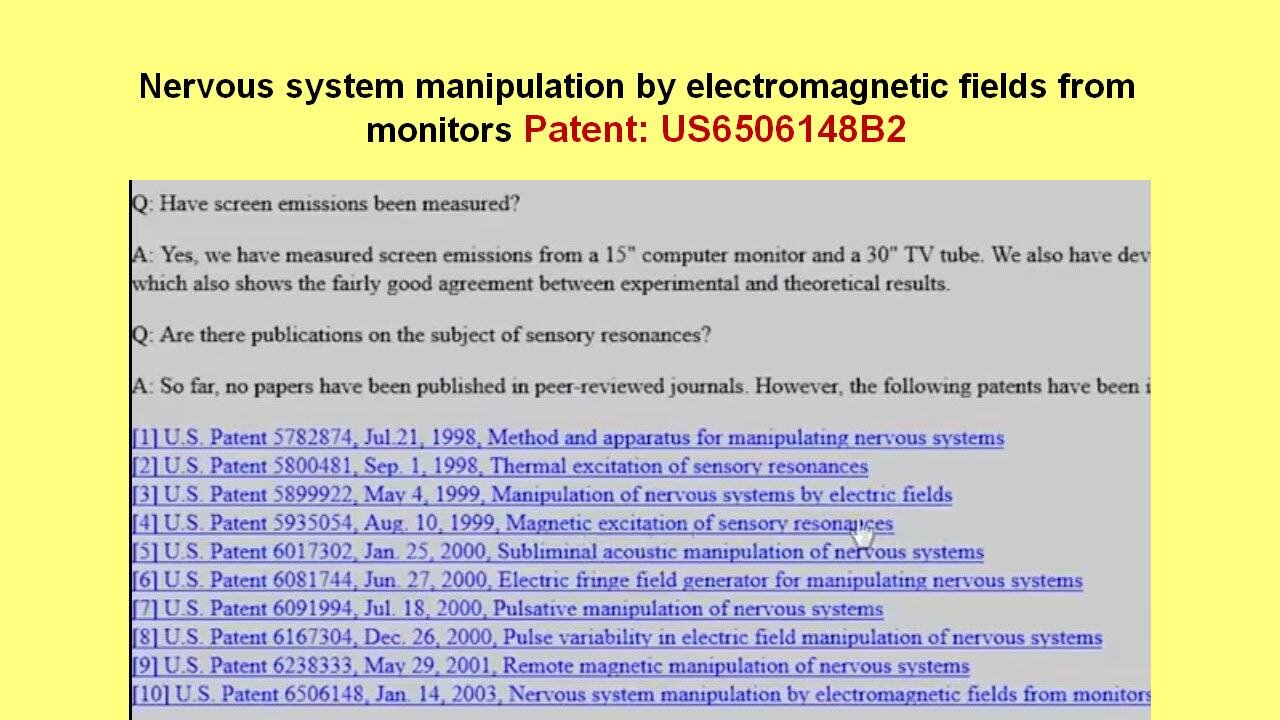 Nervous system manipulation by electromagnetic fields from monitors US6506148B2 [2003]