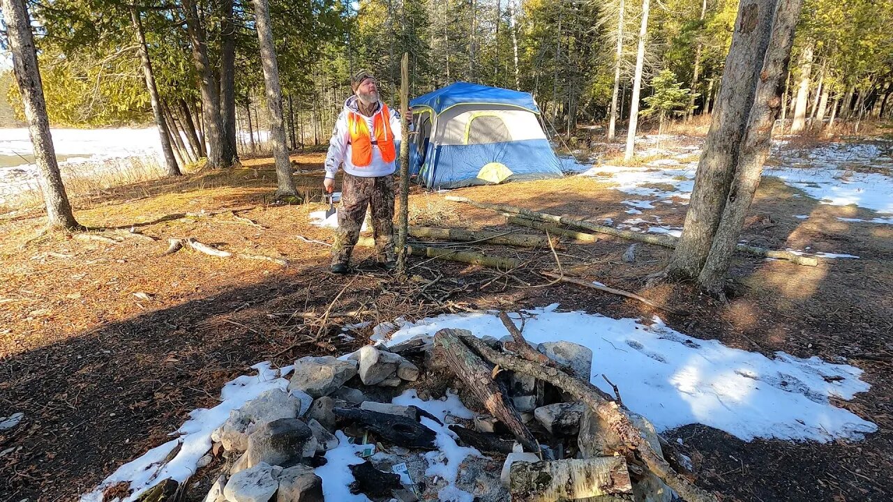 Solo winter camping on the shore of Lake Huron