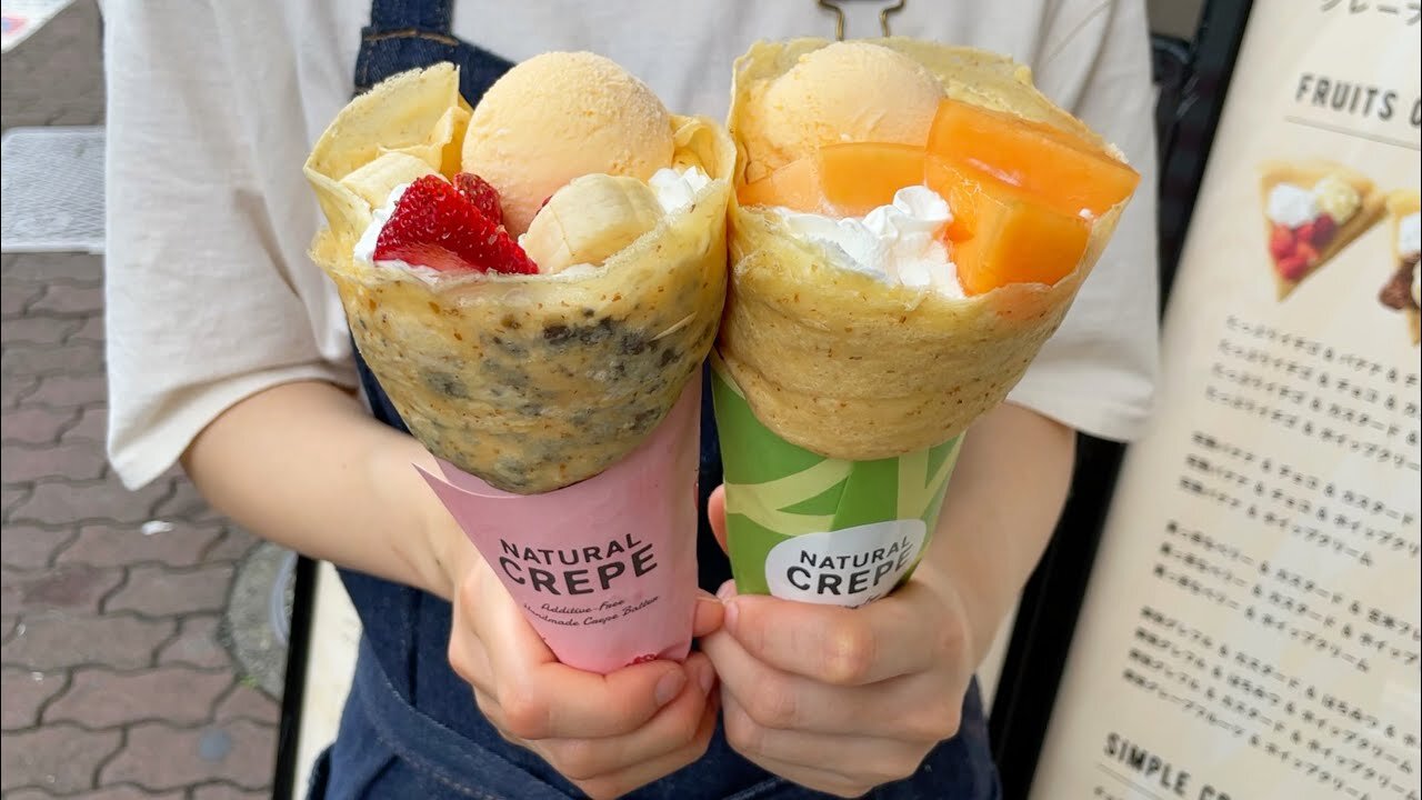 Japanese Street Food - Strawberry Chocolate Ice cream and Melon Crepes