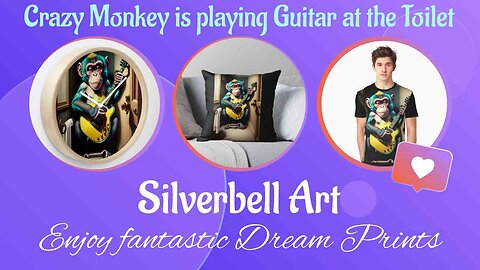 Silverbell Art present a great new Print. Monkey is playing Rock Music with E-Guitar at the Toilet