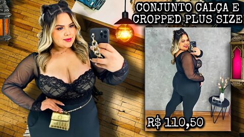 🛑 CONJUNTO FEMININO CALÇA E CROPPED PRETO PLUS SIZE TAMANHO MAIOR