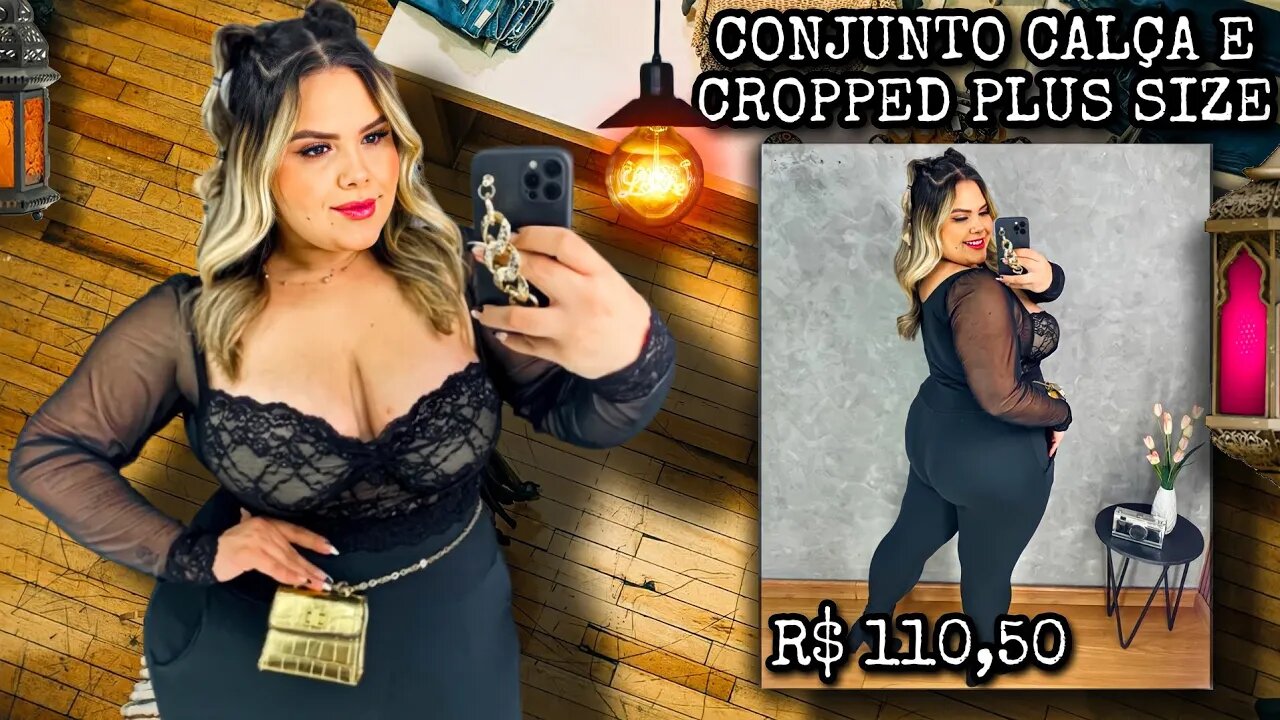 🛑 CONJUNTO FEMININO CALÇA E CROPPED PRETO PLUS SIZE TAMANHO MAIOR