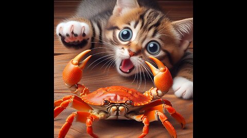 A little cat trying to catch a crab