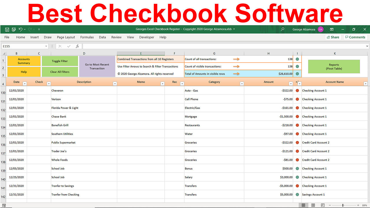 🟢Best Checkbook Software with Income and Expense Report by Categories: Excel Spreadsheet