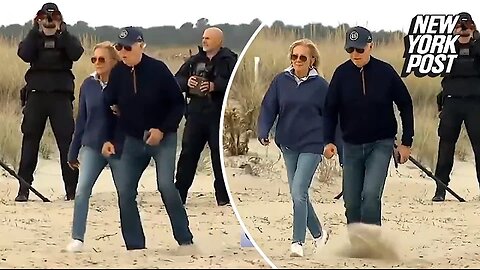 Biden struggles to walk on sand at beach house