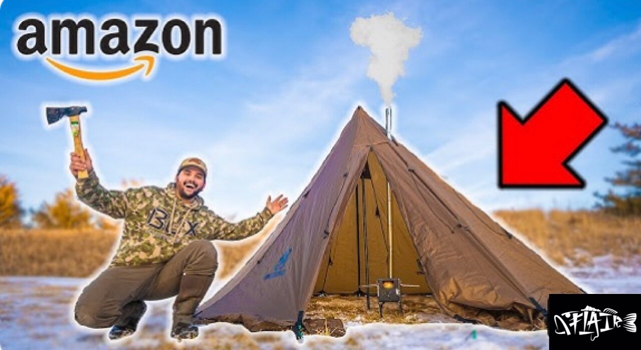 Overnight HOT TENT winter camping challenge (Amazon tent)