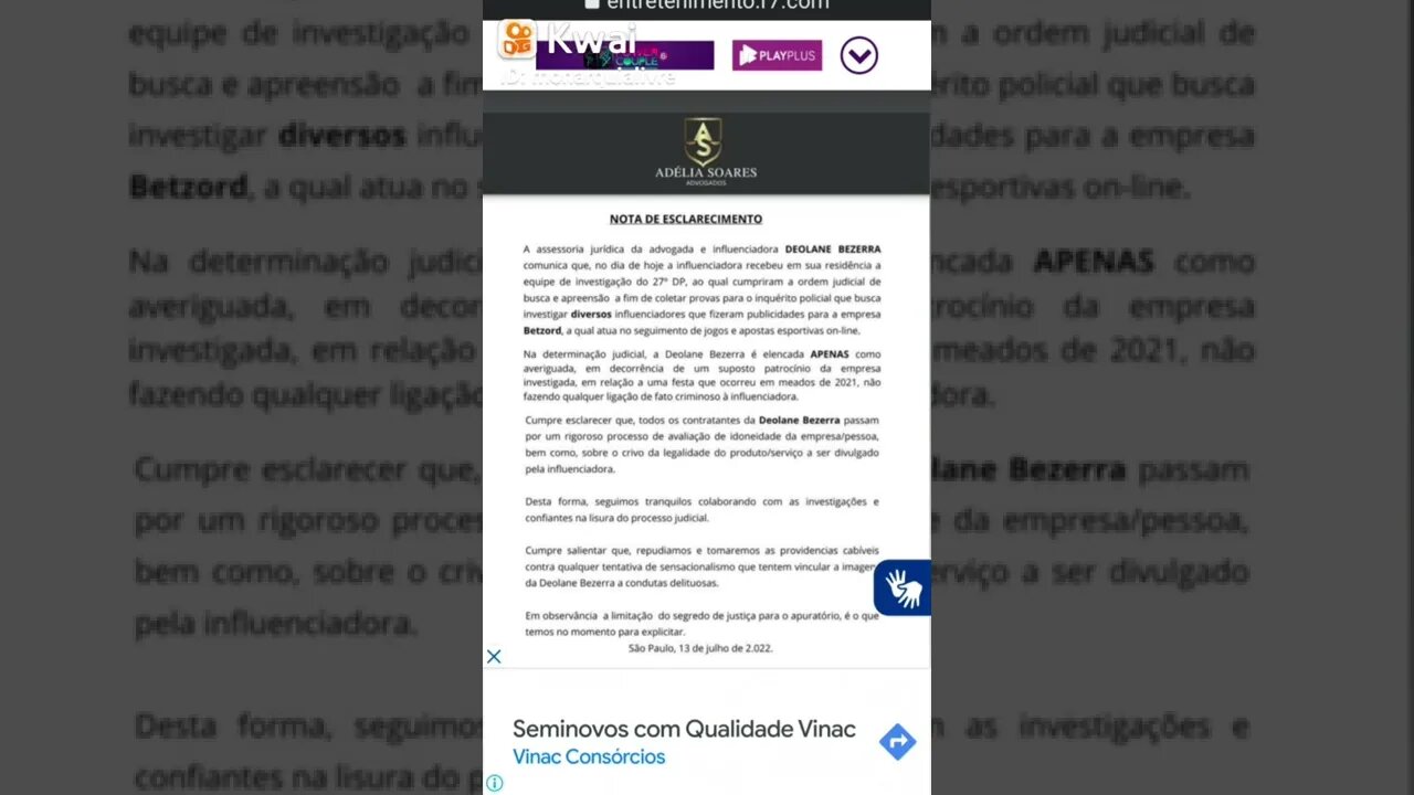 Nota da assessoria jurídica de Deolane Bezerra sobre a busca e apreensão feita em sua residência