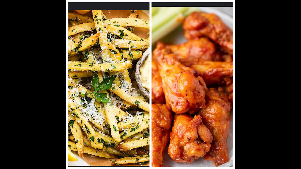 Buffalo chicken, wings, & garlic, Parmesan fries